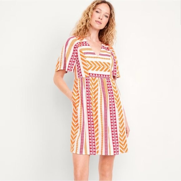 Old Navy Jacquard Mini Swing V-Neck Dress With Pockets Pink Orange XL - Picture 1 of 6
